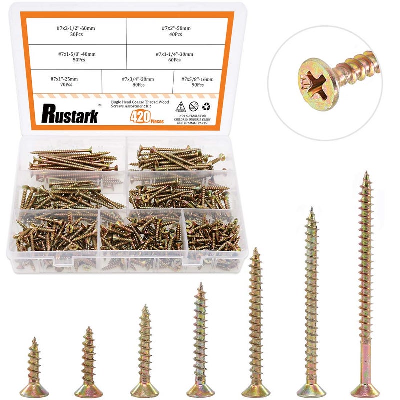 Rustark 420 Pcs [#7 5/8'' to 2-1/2''] Zinc Plated Coarse Thread Phillips Drywall Screws with Bugle Head Assortment Kit for Drywall Sheetrock and Wood - Image 1